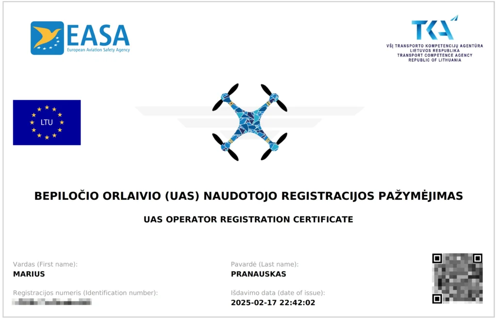 UAS naudotojo registracijos pažymėjimas